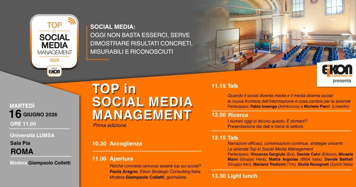 Save the date — Top in Social Media Management, prima edizione, 16 giugno 2026, Roma